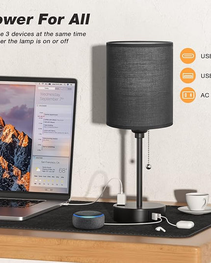 Dicoool Black Bedroom Lamps 3 Color Temperatures - 2700K 3500K 5000K Small Bedside Lamps with USB C and A Ports, Pull Chain Table Lamps with AC Outlet, Black Nightstand Lamps for Kids Sleeping - LeafyLoom