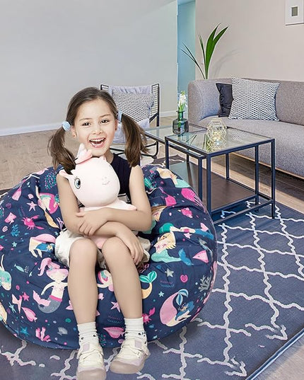 Stuffed Animal Storage Bean Bag Chair Cover, Hold Kids Plush Toys Blankets Towels Beanbag (Cover Only), Canvas Floor Circle Stuff Sit Seat Sofa with YKK Zipper, Large 32", - LeafyLoom