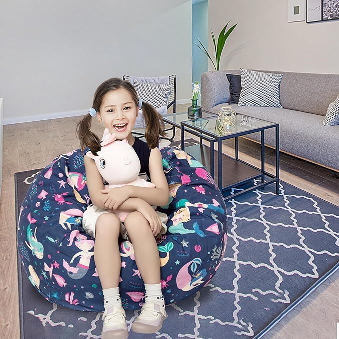 Stuffed Animal Storage Bean Bag Chair Cover, Hold Kids Plush Toys Blankets Towels Beanbag (Cover Only), Canvas Floor Circle Stuff Sit Seat Sofa with YKK Zipper, Large 32", - LeafyLoom
