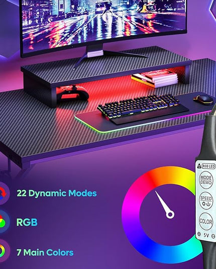 Bestier Small Gaming Desk with Monitor Stand, 42 inch LED Computer Desk, Gamer Workstation with Cup Holder & Headset Hooks, Modern Simple Style Desk for Home Office, Carbon Fiber Black - LeafyLoom