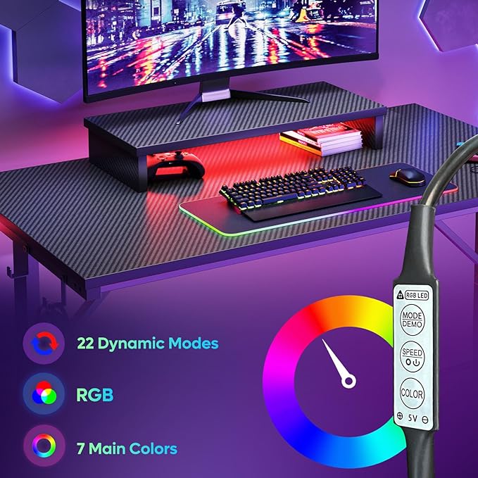 Bestier Small Gaming Desk with Monitor Stand, 42 inch LED Computer Desk, Gamer Workstation with Cup Holder & Headset Hooks, Modern Simple Style Desk for Home Office, Carbon Fiber Black - LeafyLoom