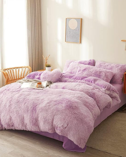 Tie dye Lavender Plush Fluffy Comforter Cover Set Queen - Ultra Soft Faux Fur tie dye Bedding Sets 3 Pieces (1 Shaggy Duvet Cover + 2 Pillow case) Fluffy Bed Set (Tie Dye Lavender, Queen) - LeafyLoom