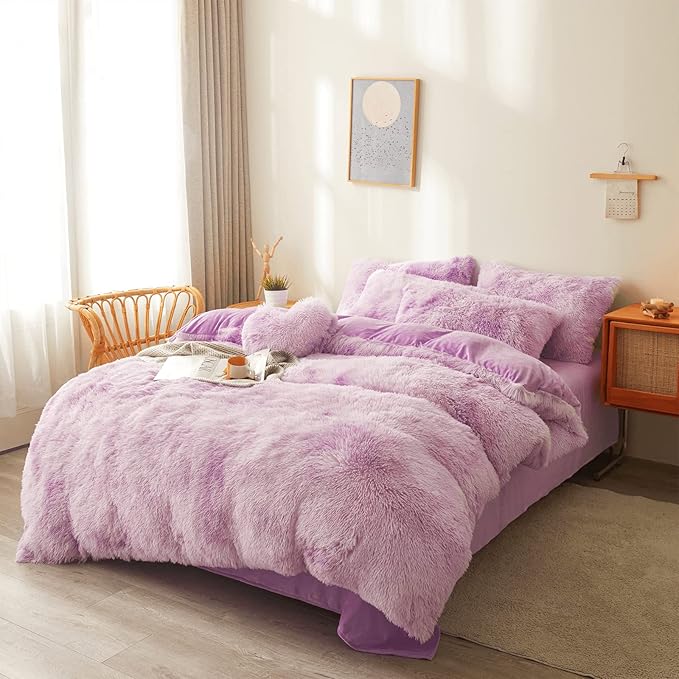 Tie dye Lavender Plush Fluffy Comforter Cover Set Queen - Ultra Soft Faux Fur tie dye Bedding Sets 3 Pieces (1 Shaggy Duvet Cover + 2 Pillow case) Fluffy Bed Set (Tie Dye Lavender, Queen) - LeafyLoom