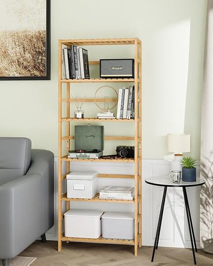 Bamboo Shelf, 6-Tier Adjustable Tall Open Bookcase, Bathroom Storage Rack Freestanding Shelving Unit, Plant Display Stand for Small Space, Natural - LeafyLoom