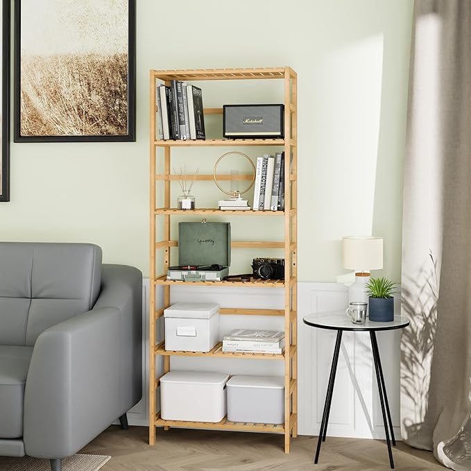 Bamboo Shelf, 6-Tier Adjustable Tall Open Bookcase, Bathroom Storage Rack Freestanding Shelving Unit, Plant Display Stand for Small Space, Natural - LeafyLoom