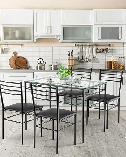 Tangkula 5 Pieces Dining Set 4 Person Home Kitchen Glass Top Table and Chairs Breakfast Furniture, 43.5 x 27.5 x 30 inches,16 x 17 x 34 inches, Black - LeafyLoom