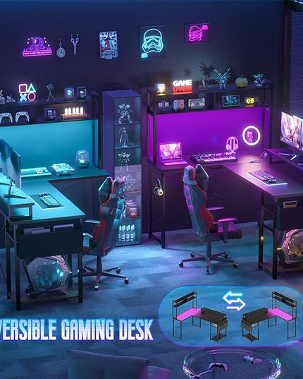 Small L Shaped Desk Gaming Desk with Power Outlets, 48" Reversible L Shaped LED Computer Desk with Monitor Stand & Storage Shelf, Corner Gamer Desk Home Office Desk with Storage Bag, Black - LeafyLoom