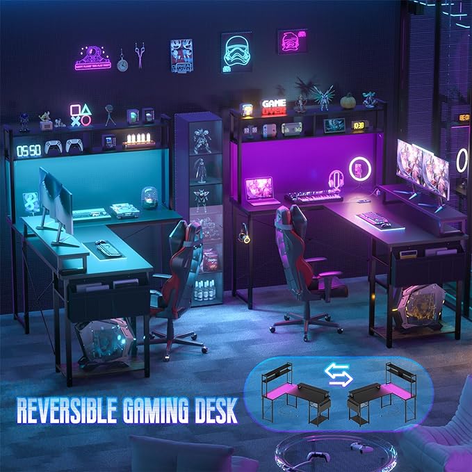 Small L Shaped Desk Gaming Desk with Power Outlets, 48" Reversible L Shaped LED Computer Desk with Monitor Stand & Storage Shelf, Corner Gamer Desk Home Office Desk with Storage Bag, Black - LeafyLoom