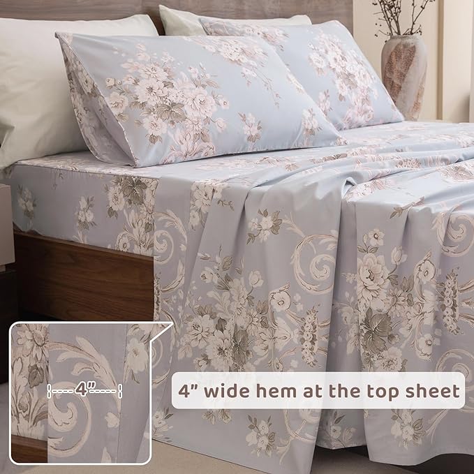 QSH Floral King Size Sheet Sets - 100% Egyptian Cotton Floral Bedding Sheets Blue Vintage Paisley Flower Pattern Printed Bedding King Size Bed Sheets 17.5" Extra Deep Pocket 4pcs - LeafyLoom