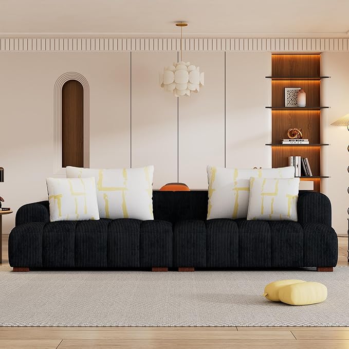 104" 4 Seaters Cloud Modular Corduroy Upholstery Sectional, Modern Living Room Upholstered Furniture Deep Seat Sofa & Couch with 4PCS Pillows and Rubber Wood Legs for Home Office Apartment, Black - LeafyLoom