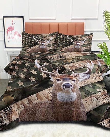 NINENINE Camo Deer Bedding Sets Full Size American Flag Comforter for Boys Adult Teens Western Theme Wildlife Forest Hunted Animal Comforter Sets with 1 Comforter 2 Pillowcases - LeafyLoom
