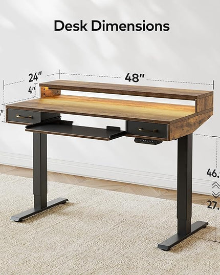 FEZIBO 48 x 24 Inch Height Adjustable Electric Standing Desk with Double Drawers&Keyboard Tray, Stand Up Desk with LED Strips, Sit Stand Desk with Monitor Stand, Rustic Brown - LeafyLoom