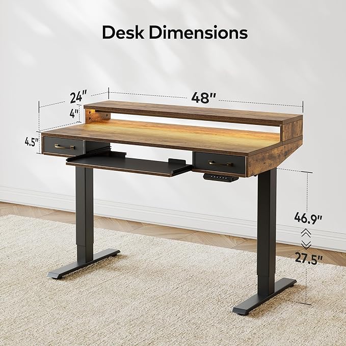 FEZIBO 48 x 24 Inch Height Adjustable Electric Standing Desk with Double Drawers&Keyboard Tray, Stand Up Desk with LED Strips, Sit Stand Desk with Monitor Stand, Rustic Brown - LeafyLoom
