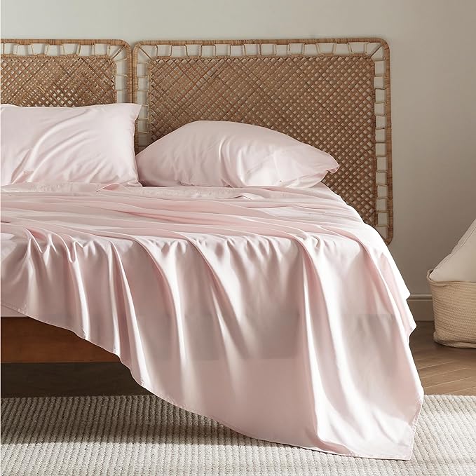 Bedsure Queen Sheets, Rayon Derived from Bamboo, Queen Cooling Sheet Set, Deep Pocket Up to 16", Breathable & Soft Bed Sheets, Hotel Luxury Silky Bedding Sheets & Pillowcases, Pink - LeafyLoom