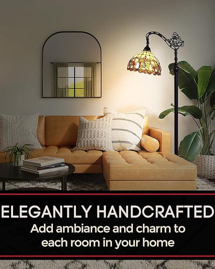 Amora Tiffany Style Floor Lamp Arched 62" Tall Stained Glass Tan Yellow Brown Antique Vintage Light Decor Bedroom Living Room Reading Gift AM272FL11B Lighting - LeafyLoom