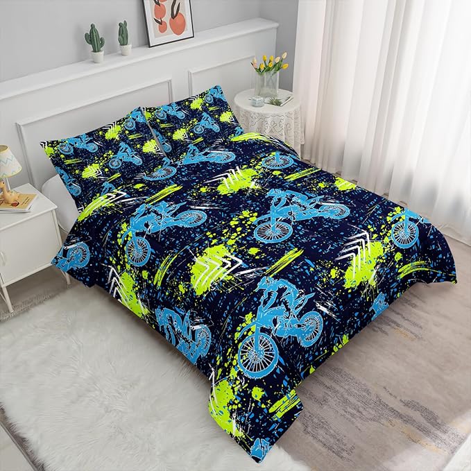 Axolotl Boys Dirt Bike Bedding Set Twin,Dirt Bike Comforter Set,Extreme Sports Tie Dye Bedding Set Motor Biker,Motocross Rider Comforter Set for Boys Kids Teens Men,1 Quilt 2 Pillowcases,Blue Green - LeafyLoom