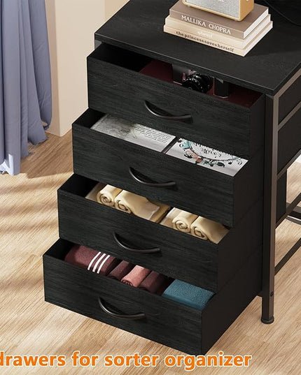 Furnulem Tall Nightstands Set of 2, Night Stand with 4 Drawers and shelves, Tall Bedside Table with USB Port Charging and LED Lights, Side Table for Bedroom, Office, Dorm (Black Oak) - LeafyLoom