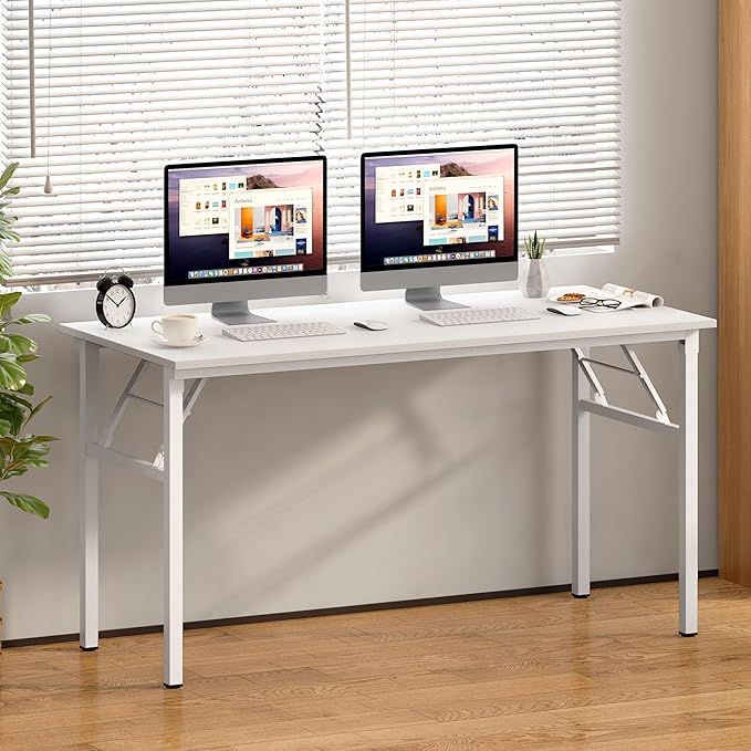 Need Home Office Desk Large Computer Desk 60 inch Sturdy Table Foldable Desk Gaming Computer Table No Assembly Required, White&White Frame AC5DW(152.4 * 60) - LeafyLoom