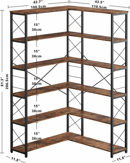 IRONCK 6-Shelf Corner Bookcase, Vintage Industrial Corner Bookshelf Etagere Bookcase, 6 Tier Corner Shelf Storage Rack with Metal Frame for Living Room Home Office - LeafyLoom