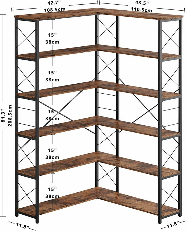 IRONCK 6-Shelf Corner Bookcase, Vintage Industrial Corner Bookshelf Etagere Bookcase, 6 Tier Corner Shelf Storage Rack with Metal Frame for Living Room Home Office - LeafyLoom