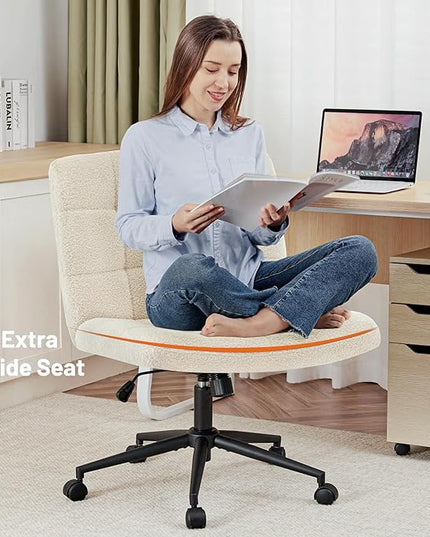 Furniliving Wide Desk Chair, Faux Fur Upholstered Office Chair with Wheels, Adjustable Accent Chair with Thicken Seat, Computer Chair for Living Room, Study Room, Home Office, IvoryWhite - LeafyLoom