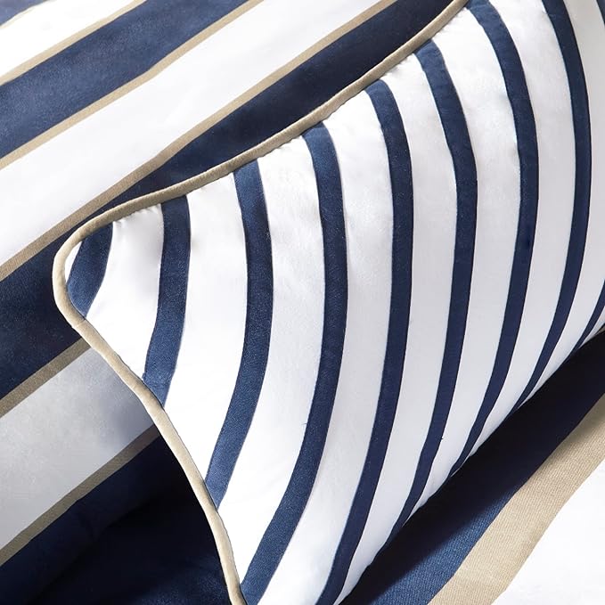 Mi Zone Ashton Casual Comforter Set, Vibrant Colorblock Design, Modern Bedding Geometric Stripes All Season Cover, Matching Shams, Decorative Pillow, Twin/Twin XL, Khaki/Navy, 3 Piece - LeafyLoom