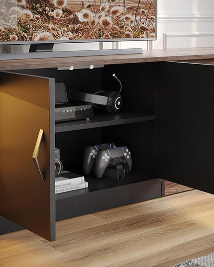 Bestier 70 inch Gaming Entertainment Center with Adjustable Glass Shelves for 75 inch TV, Large Led TV Stand with Two Cabinets, Modern Television Stand for Living Room, Bedroom, Walnut - LeafyLoom