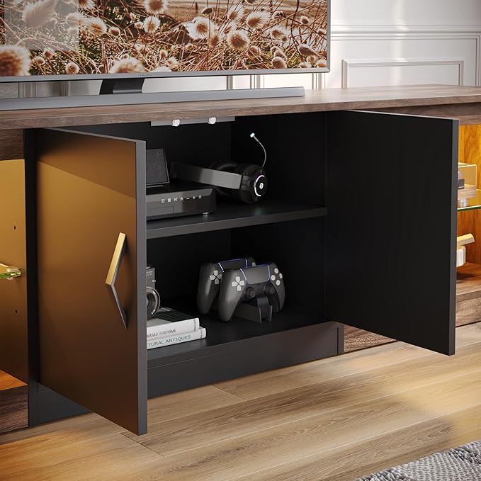Bestier 70 inch Gaming Entertainment Center with Adjustable Glass Shelves for 75 inch TV, Large Led TV Stand with Two Cabinets, Modern Television Stand for Living Room, Bedroom, Walnut - LeafyLoom