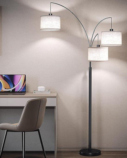 SUNMORY 3 Lights Floor Lamp with Remote Control and 3 Stepless Dimmable Bulbs, 78" Tall Standing Lamp with Hanging Drum Shade & Heavy Base, Modern Arc Floor Lamps for Living Room, Bedroom, Office - LeafyLoom