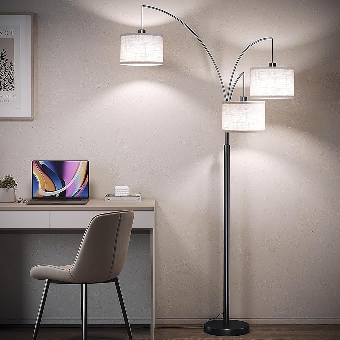 SUNMORY 3 Lights Floor Lamp with Remote Control and 3 Stepless Dimmable Bulbs, 78" Tall Standing Lamp with Hanging Drum Shade & Heavy Base, Modern Arc Floor Lamps for Living Room, Bedroom, Office - LeafyLoom