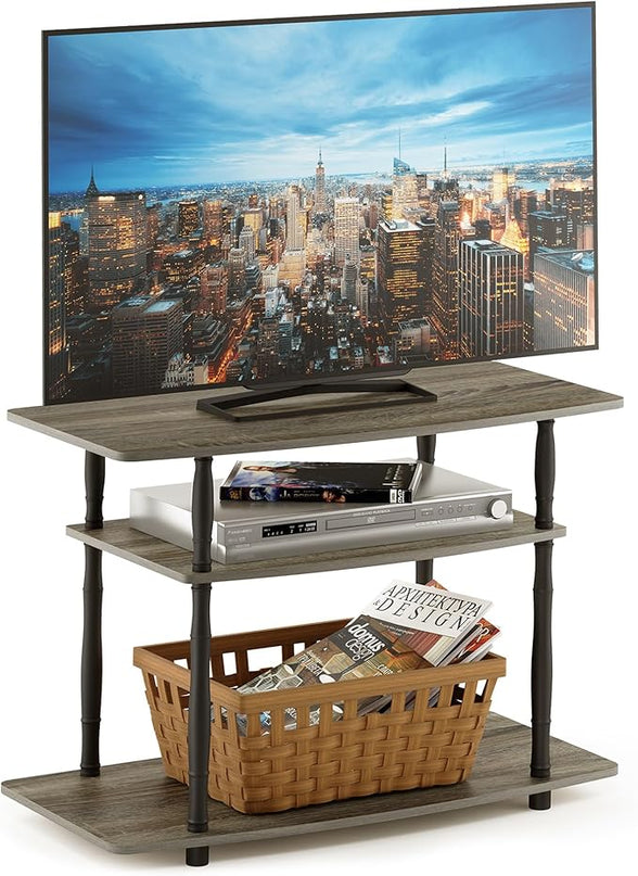 Furinno Turn-N-Tube No Tools 3-Tier Entertainment Center TV Stand for TV up to 32 Inch, Plastic Classic Tubes, French Oak Grey/Black - LeafyLoom