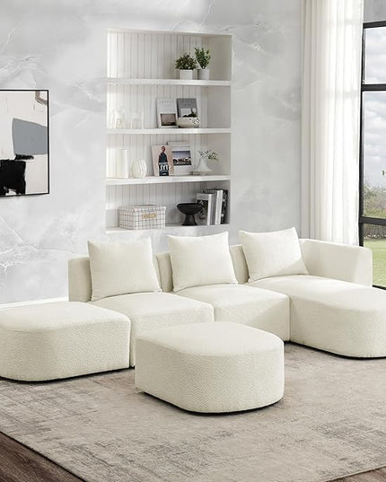 L Shape Sectional Sofa with Right Side Chaise and Removable Ottoman, Upholstered Modular Couch w/Pillows for Living Room, Office, DIY Combination, Loop Yarn Fabric, Beige, 113" - LeafyLoom