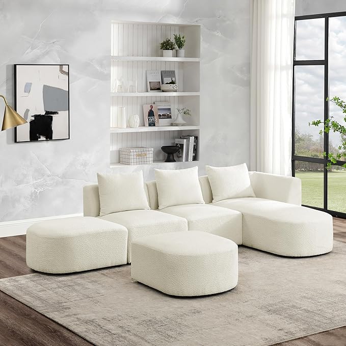 L Shape Sectional Sofa with Right Side Chaise and Removable Ottoman, Upholstered Modular Couch w/Pillows for Living Room, Office, DIY Combination, Loop Yarn Fabric, Beige, 113" - LeafyLoom