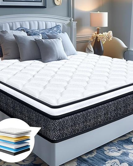 EvaStar King Mattress 10 Inch: Luxury Hybrid Sleep Solution, Individual Pocket Springs, and Pressure-Relieving Memory Foam, Medium Firm, Breathable, CertiPUR-US, 100 Nights Trial, 80"x76"x10" - LeafyLoom