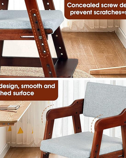 Ezebaby Wooden High Chair for Toddlers to Teens, Adjustable Kids Study Chair with Steps, Kids Dining Chair with Removable Cushion (Nut-Brown) - LeafyLoom