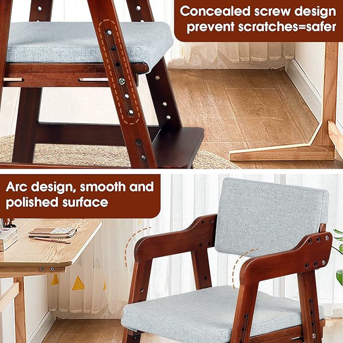 Ezebaby Wooden High Chair for Toddlers to Teens, Adjustable Kids Study Chair with Steps, Kids Dining Chair with Removable Cushion (Nut-Brown) - LeafyLoom
