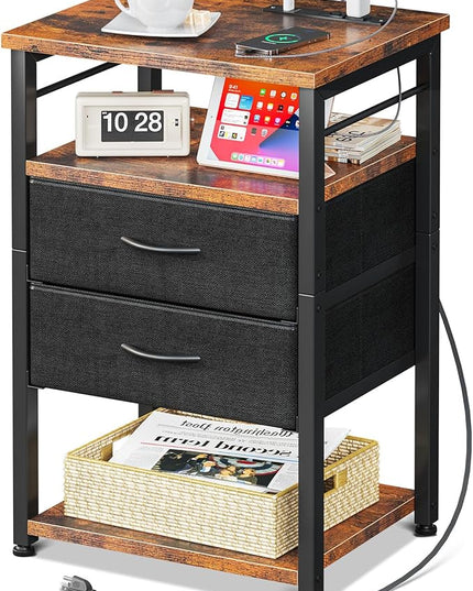 AODK Night Stand with Charging Station, End Table for Bedroom Tall Nightstand with Drawers, Small Nightstand for Bedroom, 4-Tier Storage Bedside Table, Vintage and Black - LeafyLoom