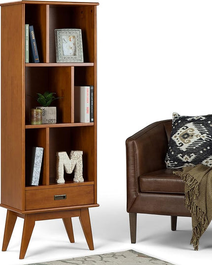 SIMPLIHOME Solid Hardwood 22 Inch Mid Century Bookcase, End Table and Storage Unit Bundle in Teak Brown, 6 Shelves and Drawer - LeafyLoom