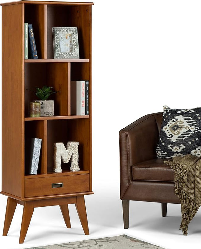 SIMPLIHOME Solid Hardwood 22 Inch Mid Century Bookcase, End Table and Storage Unit Bundle in Teak Brown, 6 Shelves and Drawer - LeafyLoom