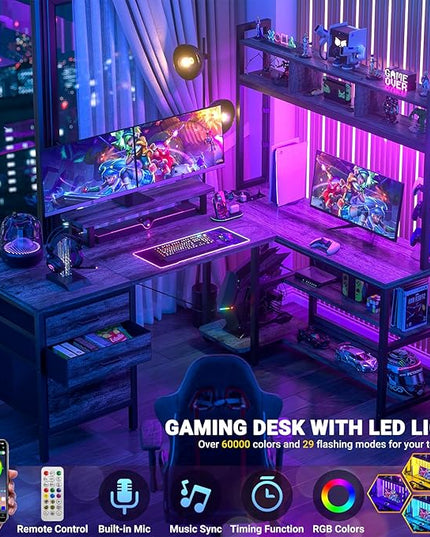 Aheaplus L Shaped Desk with Hutch, Gaming Desk with Led Lights, Reversible Computer Desk with Power Outlet, Corner Desk with File Drawer & Monitor Stand, Storage Shelves for Home Office, Black Oak - LeafyLoom