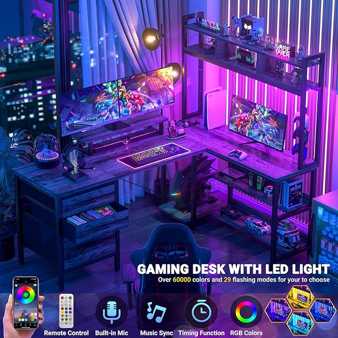 Aheaplus L Shaped Desk with Hutch, Gaming Desk with Led Lights, Reversible Computer Desk with Power Outlet, Corner Desk with File Drawer & Monitor Stand, Storage Shelves for Home Office, Black Oak - LeafyLoom