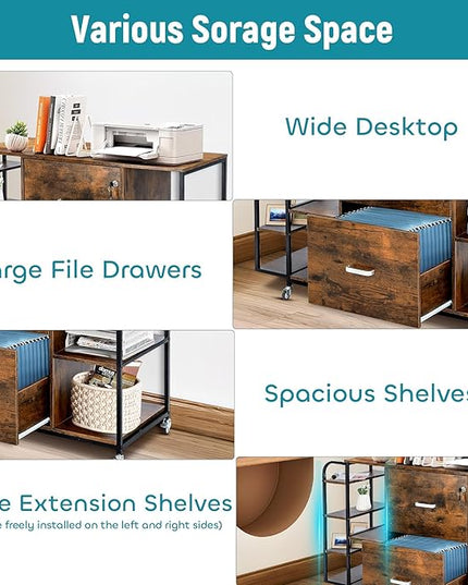 Lateral File Cabinet, 2 Drawer Mobile Filing Cabinet with Outlet, Open Storage Side Shelves, Locking Drawer Fits A4/Letter/Legal Size File Cabinets for Home Office, Brown - LeafyLoom