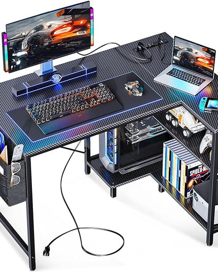 ODK 40 Inch Small L Shaped Gaming Computer Desk with Power Outlets,Corner Desk with Reversible Storage Shelves & PC Stand for Small Space, Modern Simple Home Office Table, Carbon Fiber Surface, Black - LeafyLoom