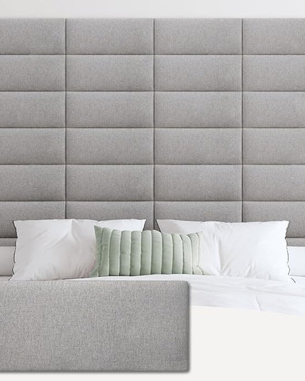 Upholstered Wall Mounted Headboard, 3D Soundproof Wall Panels Peel and Stick Headboard for Queen Size, Reusable and Removable Tufted Bed Headboard in Medium Grey(9 Panels, 10" x 24") - LeafyLoom