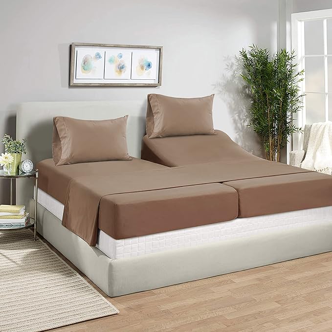 LANE LINEN Split King Sheets for Adjustable Beds - 1000 Thread Count 5 Piece Set 100% Egyptian Cotton Sateen Weave Cool Breathable & Soft 2 Fitted Fits Upto 17" Deep Pockets Taupe - LeafyLoom
