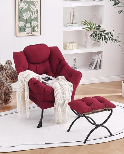 Welnow Lazy Chair with Ottoman, Modern Lounge Accent Chair with Armrests and a Side Pocket, Leisure Upholstered Sofa Chair Set, Reading Chair with Footrest for Small Space, Burgundy - LeafyLoom