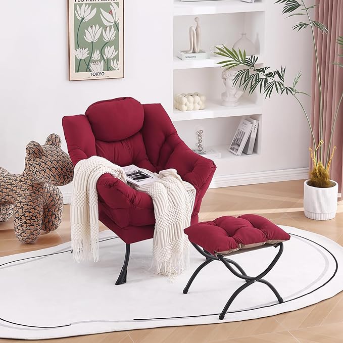 Welnow Lazy Chair with Ottoman, Modern Lounge Accent Chair with Armrests and a Side Pocket, Leisure Upholstered Sofa Chair Set, Reading Chair with Footrest for Small Space, Burgundy - LeafyLoom