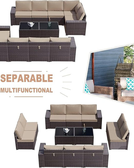 Kullavik 12PCS Outdoor Patio Furniture Set PE Wicker Rattan Sectional Sofa Patio Conversation Sets,Sand - LeafyLoom