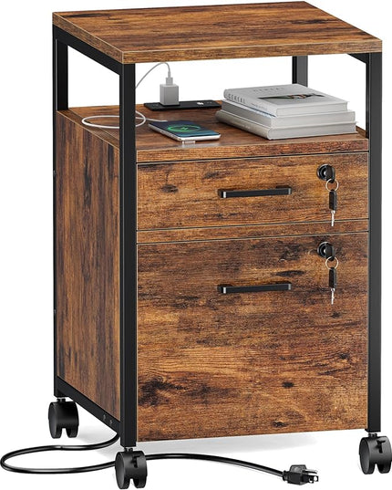SUPERJARE File Cabinet with Lock & Charging Station, 2 Drawers Rolling Filing Cabinet, Office File Cabinet with Wheels & Open Shelf, for Home Office, A4/Letter Size Files - Rustic Brown - LeafyLoom