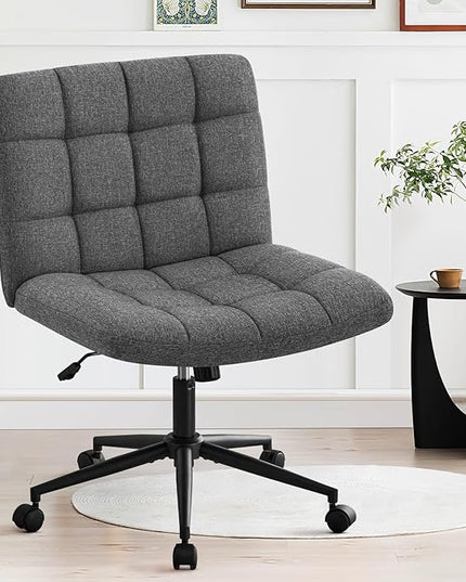 Furniliving Armless Office Desk Chair, Linen Fabric Padded Swivel Chair, Adjustable Home Office Chair with 360° Wheels, Wide Criss Cross Chair for Desk for Living Room, Bedroom, Darkgrey - LeafyLoom